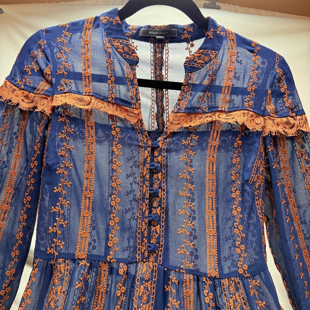 BCBGMAXAZRIA Navy Blue Orange Embroidered Lace Trim Maxi Dress Long Sleeve XXS - Picture 14 of 16